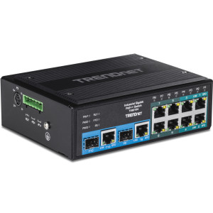 TRENDnet TI-BG104 10-Port Ethernet Switch, 4 Gigabit PoE++ ports, 4 Gigabit PoE+ ports, 2 shared Gigabit SFP slots, 20 Gbps switching capacity, DIN-rail/wall mount